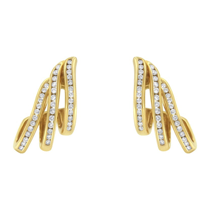 Pair of yellow earrings with curved design featuring three rows of white round gemstones in channel settings, shown from a front angle.