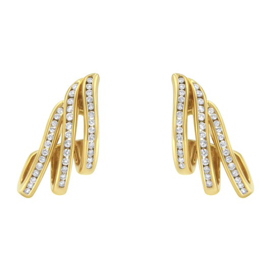Pair of yellow earrings with curved design featuring three rows of white round gemstones in channel settings, shown from a front angle.