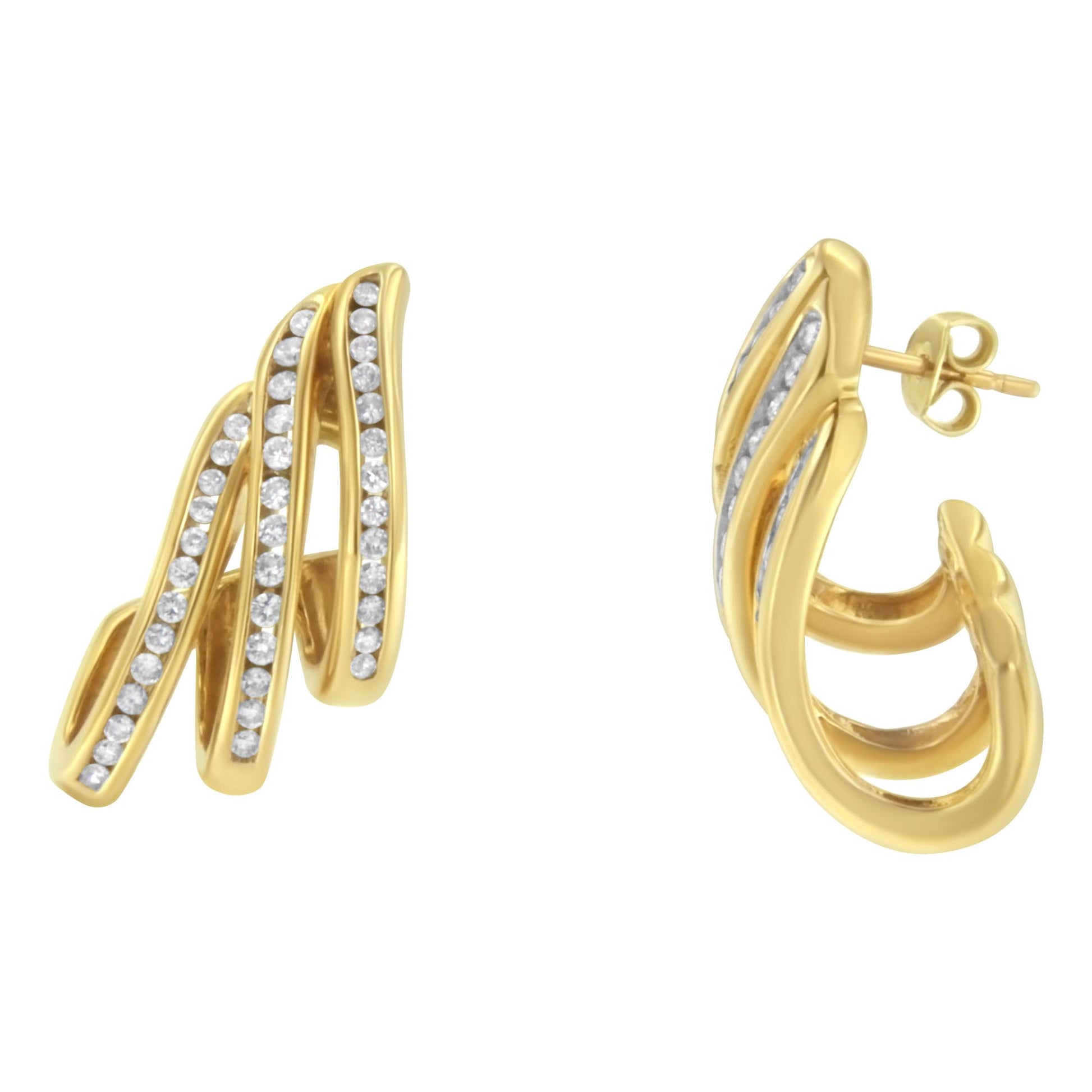 Close-up front and side view of yellow metal earrings featuring wavy design with channel-set white round gemstones.