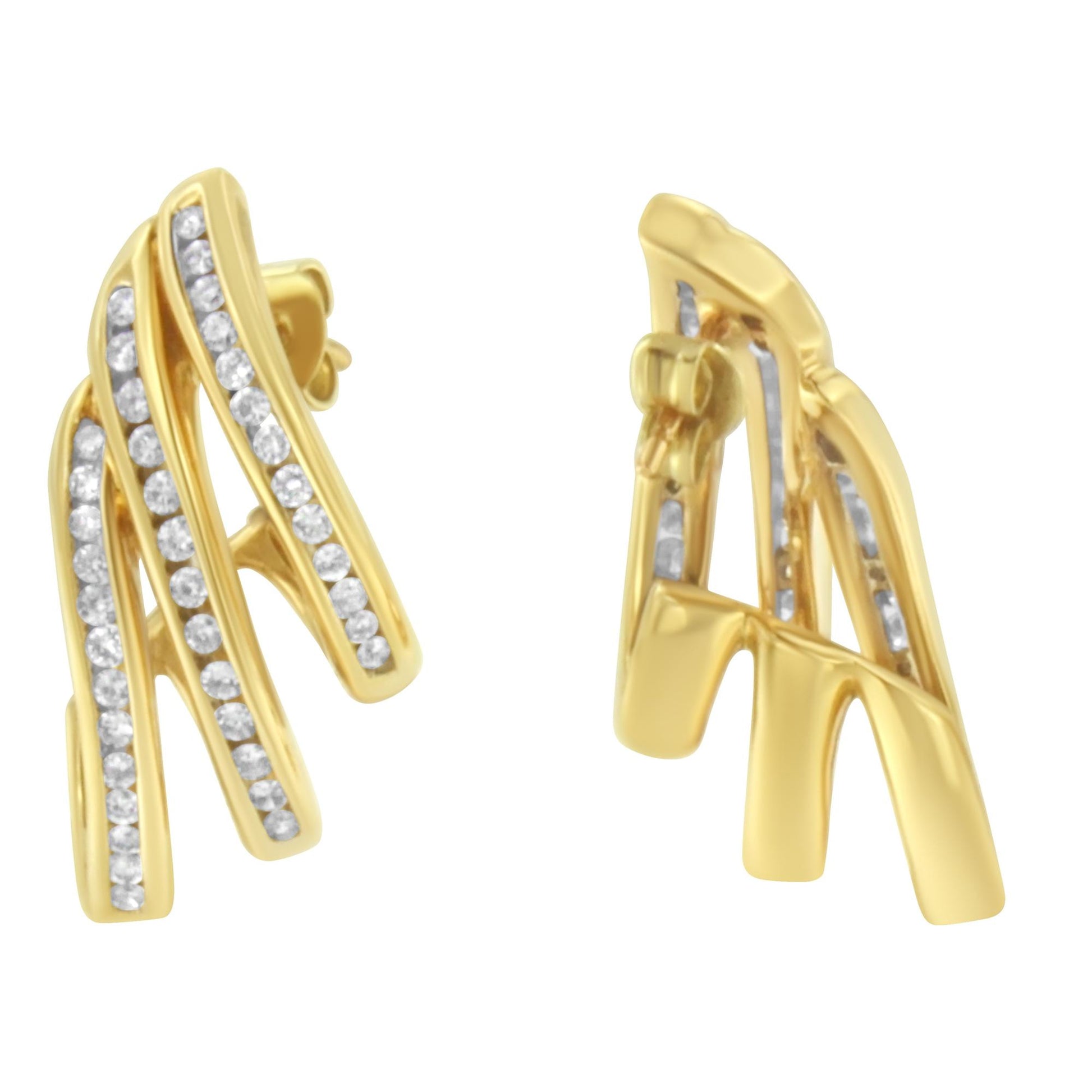 Pair of yellow metal earrings with three curved bars each set with white round gemstones in a channel setting, shown from a front and slightly side angle.