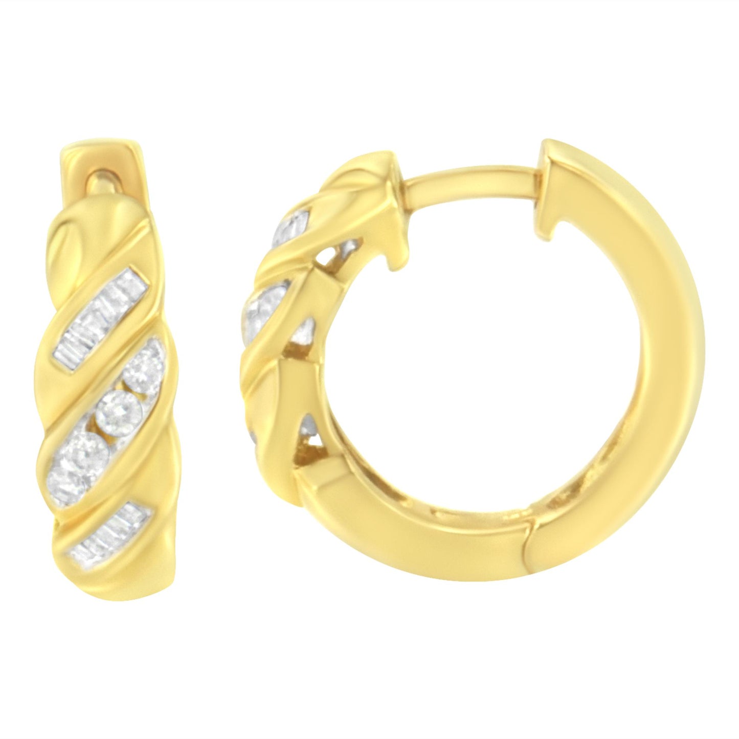 Close-up front and side view of yellow metal hoop earrings with alternating channel-set white round and baguette gemstones in a twisted design.