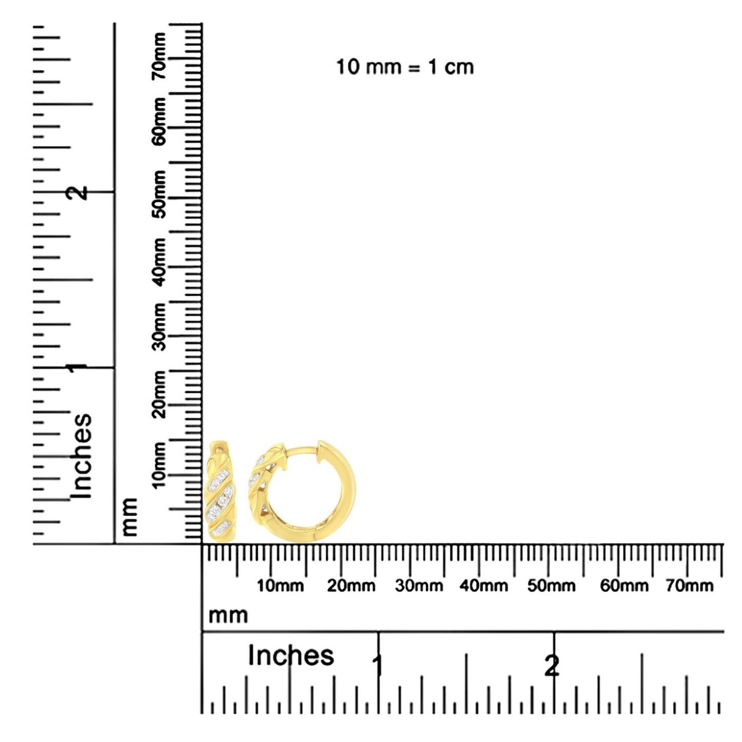 Front and side view of yellow metal hoop earrings with channel-set white round and baguette gemstones, placed on a ruler for size reference.