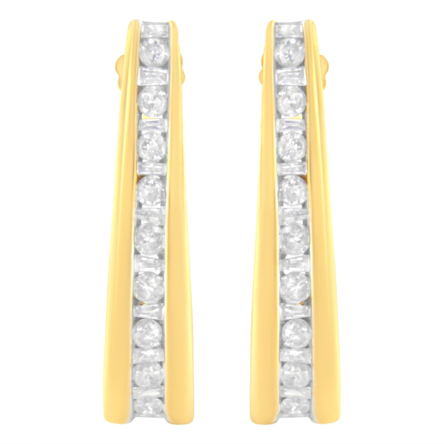 Front view of a pair of yellow metal earrings with alternating round and baguette shape white gemstones set in a channel setting along the center.