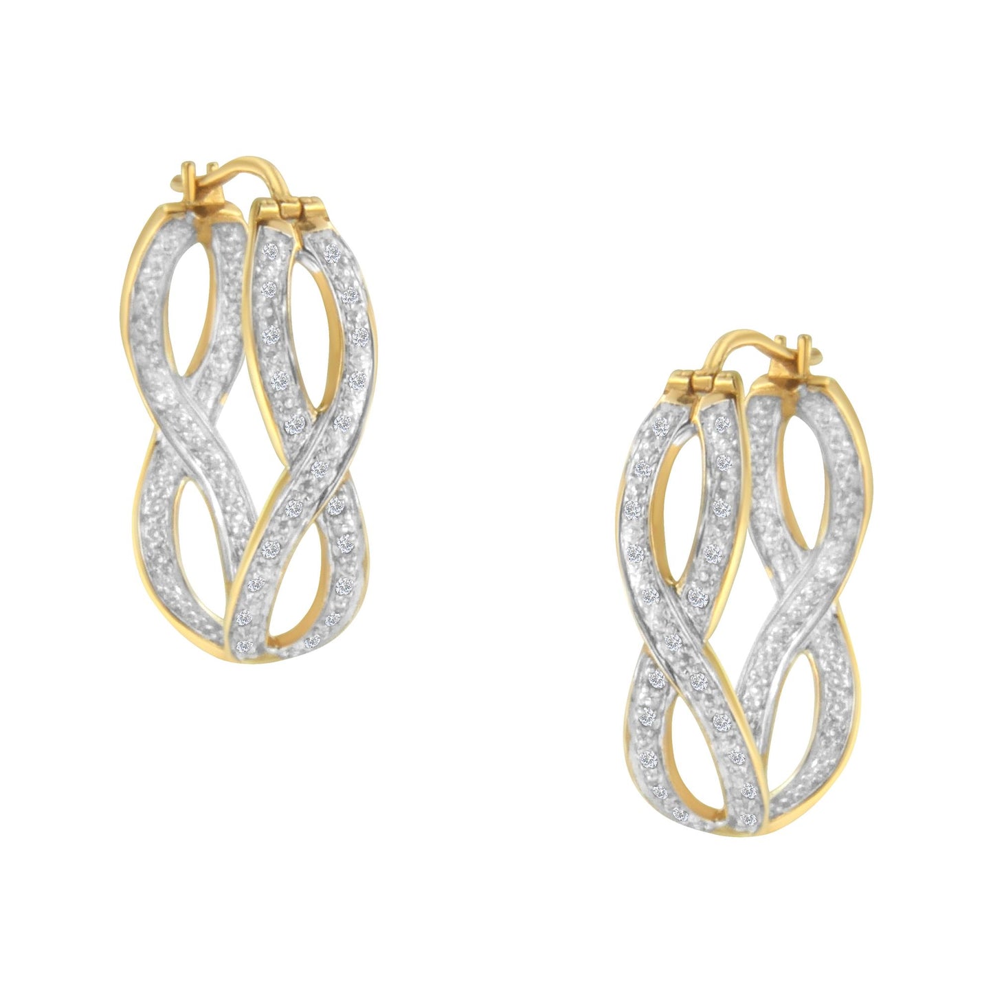 Close-up front angle view of a pair of yellow metal earrings with an intertwined design, featuring two rows of prong-set round white gemstones.
