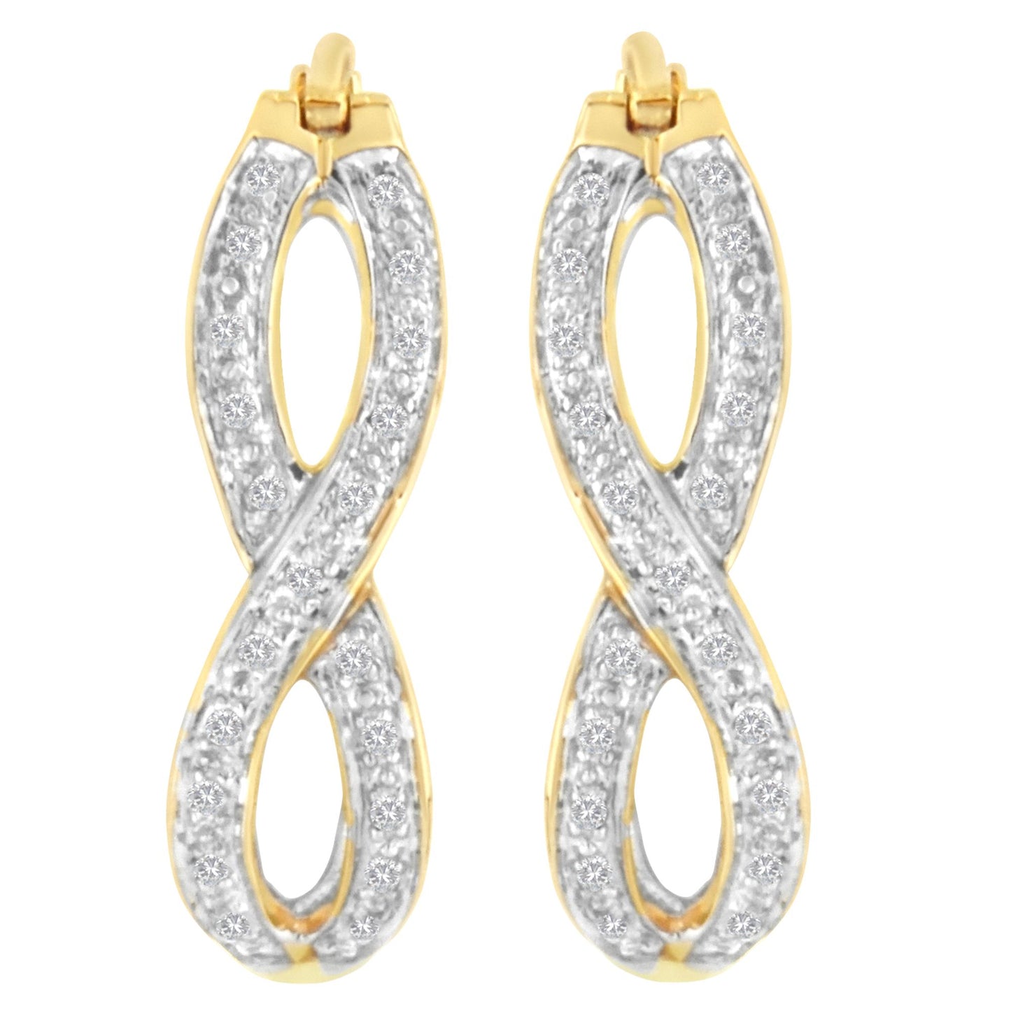Front view of a pair of yellow metal earrings shaped in an infinity-like loop, each adorned with multiple white round gemstones in prong settings.