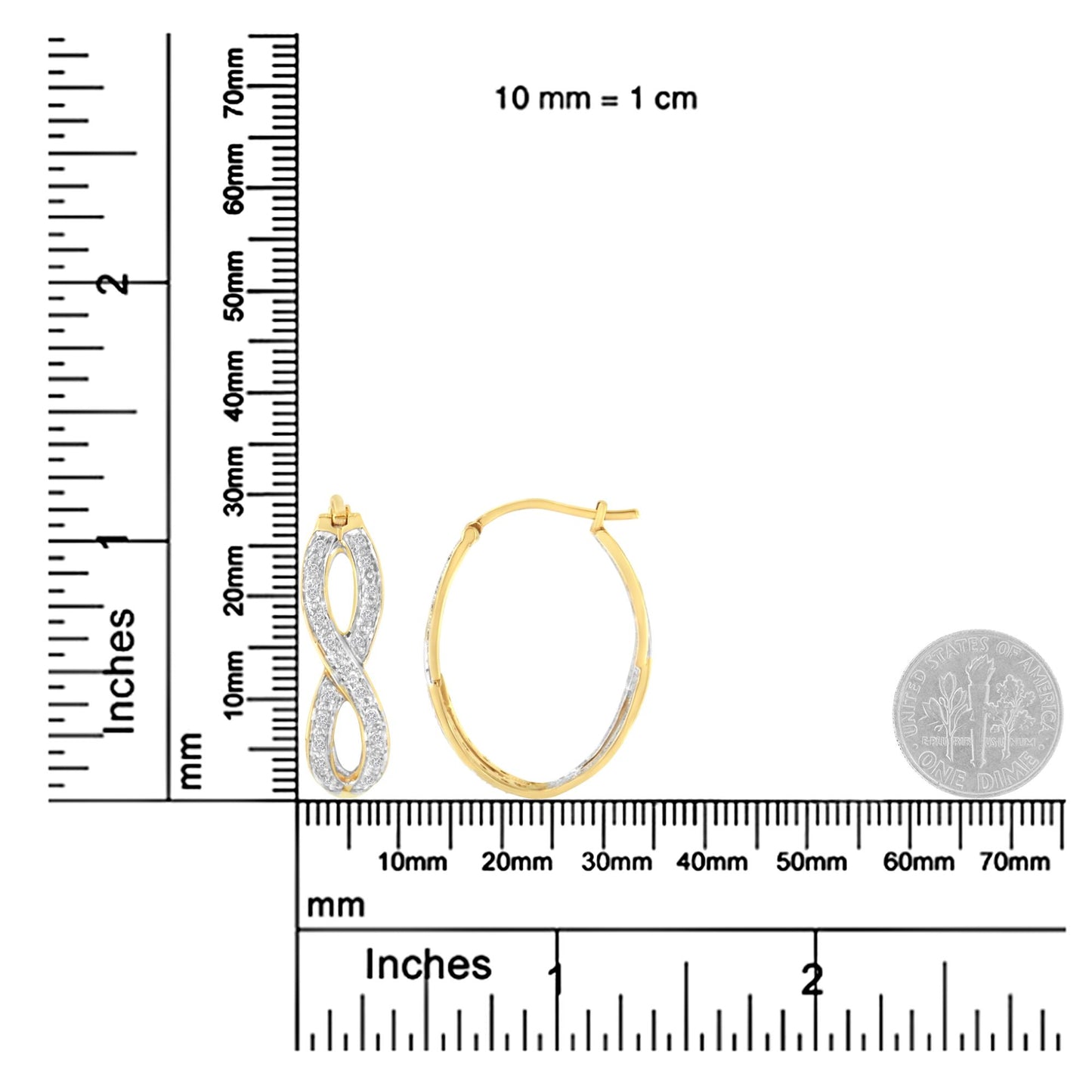 Pair of yellow metal earrings with white gemstones in a figure-eight design and hoop style, displayed flat on rulers for size reference, front and side views visible.