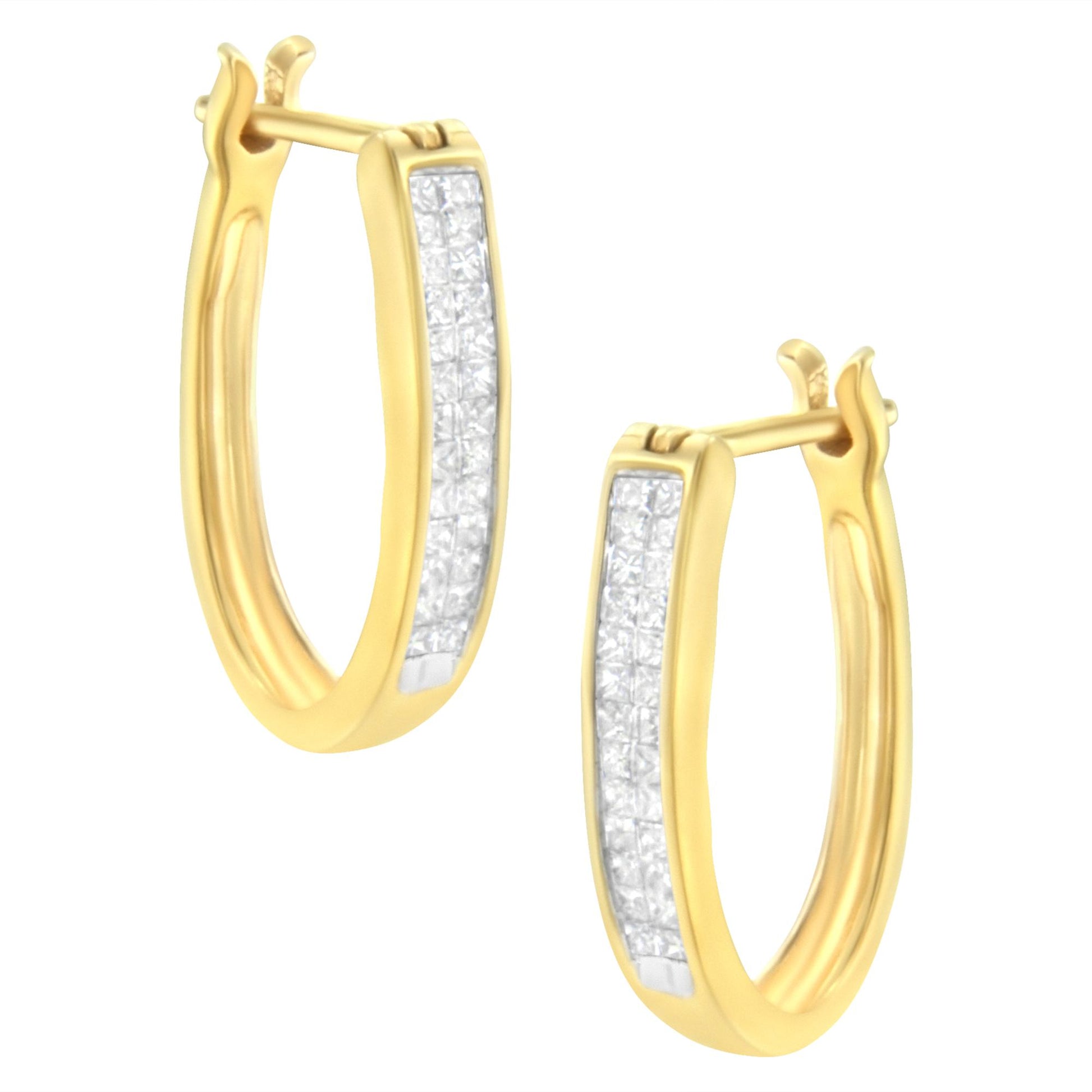 Pair of yellow metal hoop earrings with front-facing rectangular panels set with small white square-shaped gemstones in an invisible setting, shown at a slight angle against a white background.