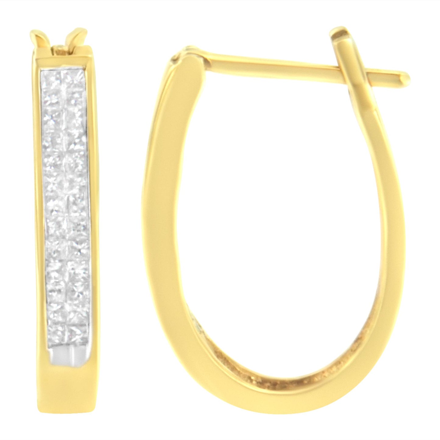 Pair of yellow metal hoop earrings with a vertical row of small white gemstones set invisibly on the front, one earring shown front-facing and the other shown from the side, against a white background.