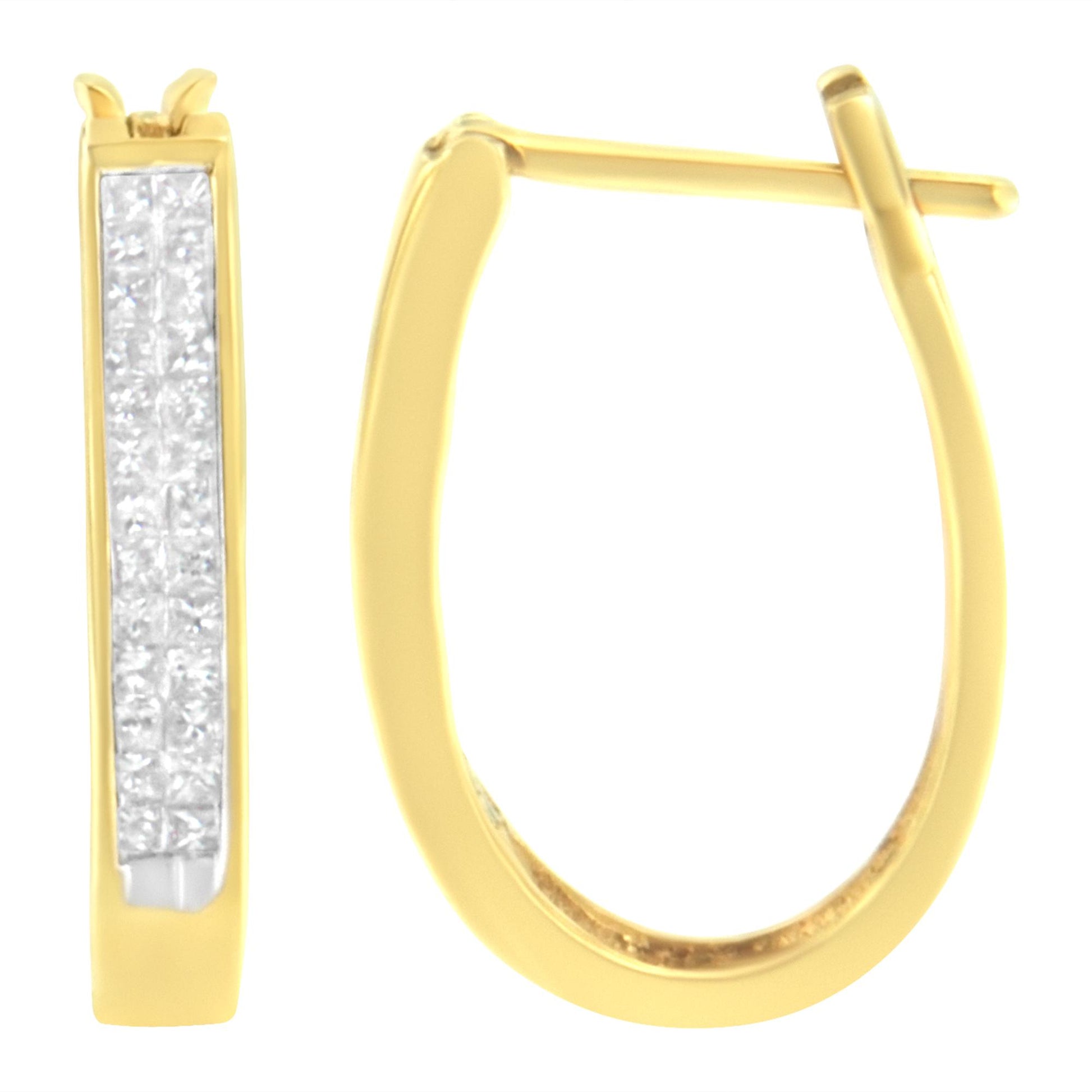 Pair of yellow metal hoop earrings with a vertical row of small white gemstones set invisibly on the front, one earring shown front-facing and the other shown from the side, against a white background.