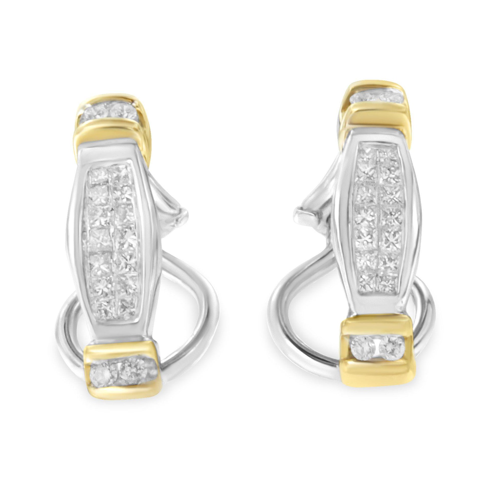 Front-facing view of a pair of two-toned earrings set with channel-set white round and princess-shaped gemstones.