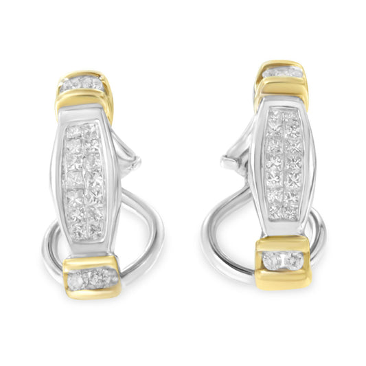 Front-facing view of a pair of two-toned earrings set with channel-set white round and princess-shaped gemstones.