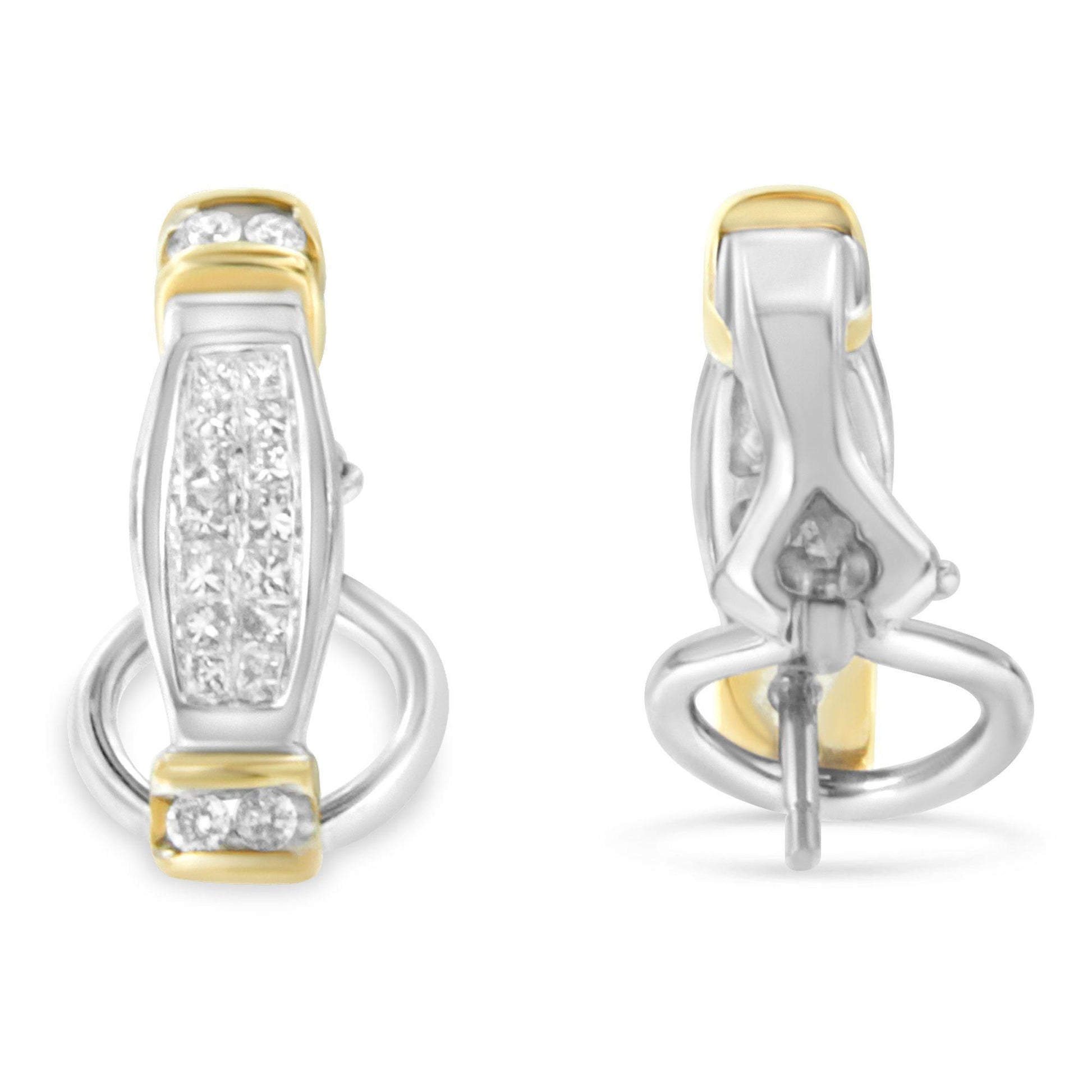 Front and back views of two-toned metal earrings with channel-set white round and princess-shaped gemstones, shot from a straight-on angle.