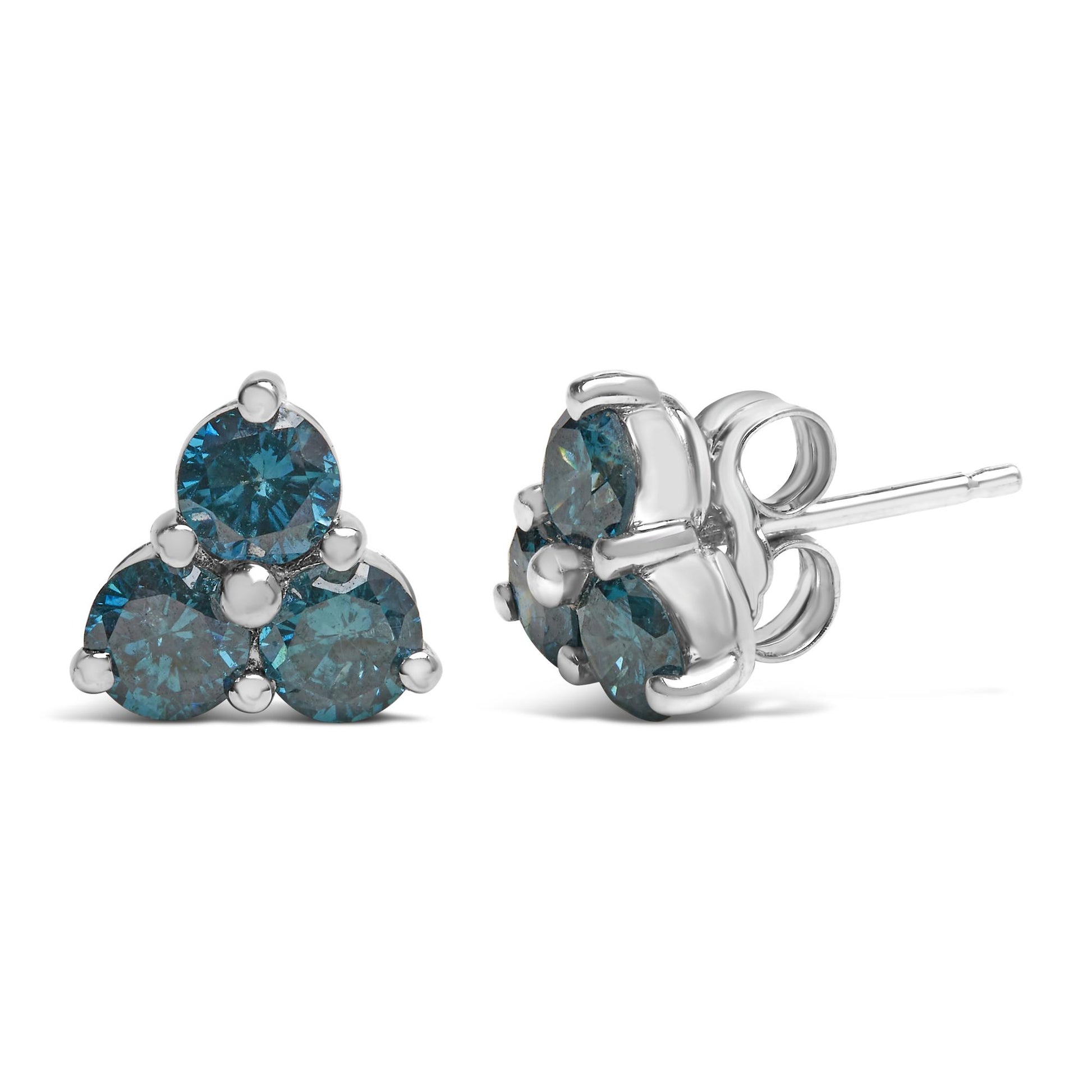 Pair of white metal earrings with three round blue gemstones in prong settings, shown from front and side angles.