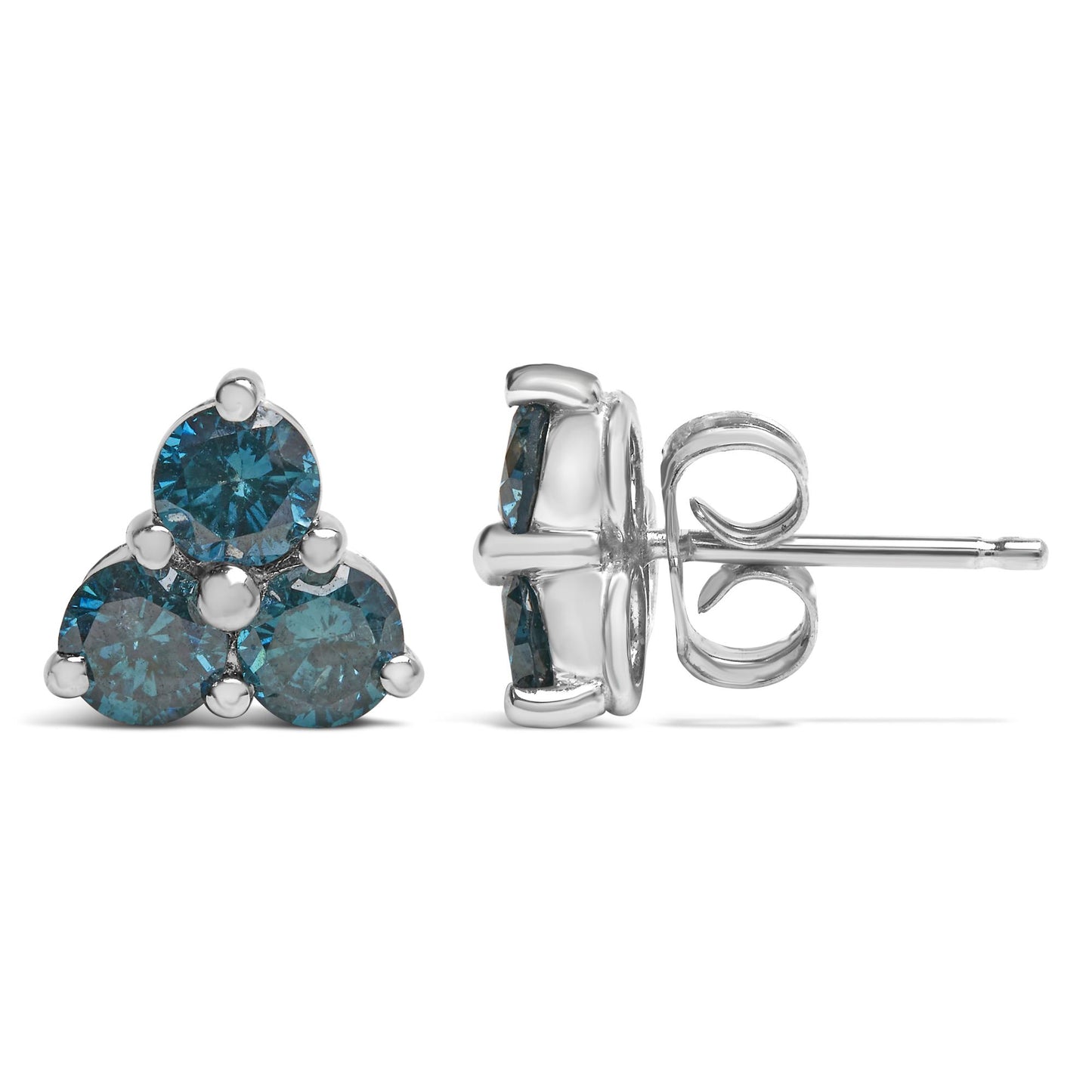 Pair of white metal stud earrings with three round blue gemstones in prong settings, shown in a front and side angle view.