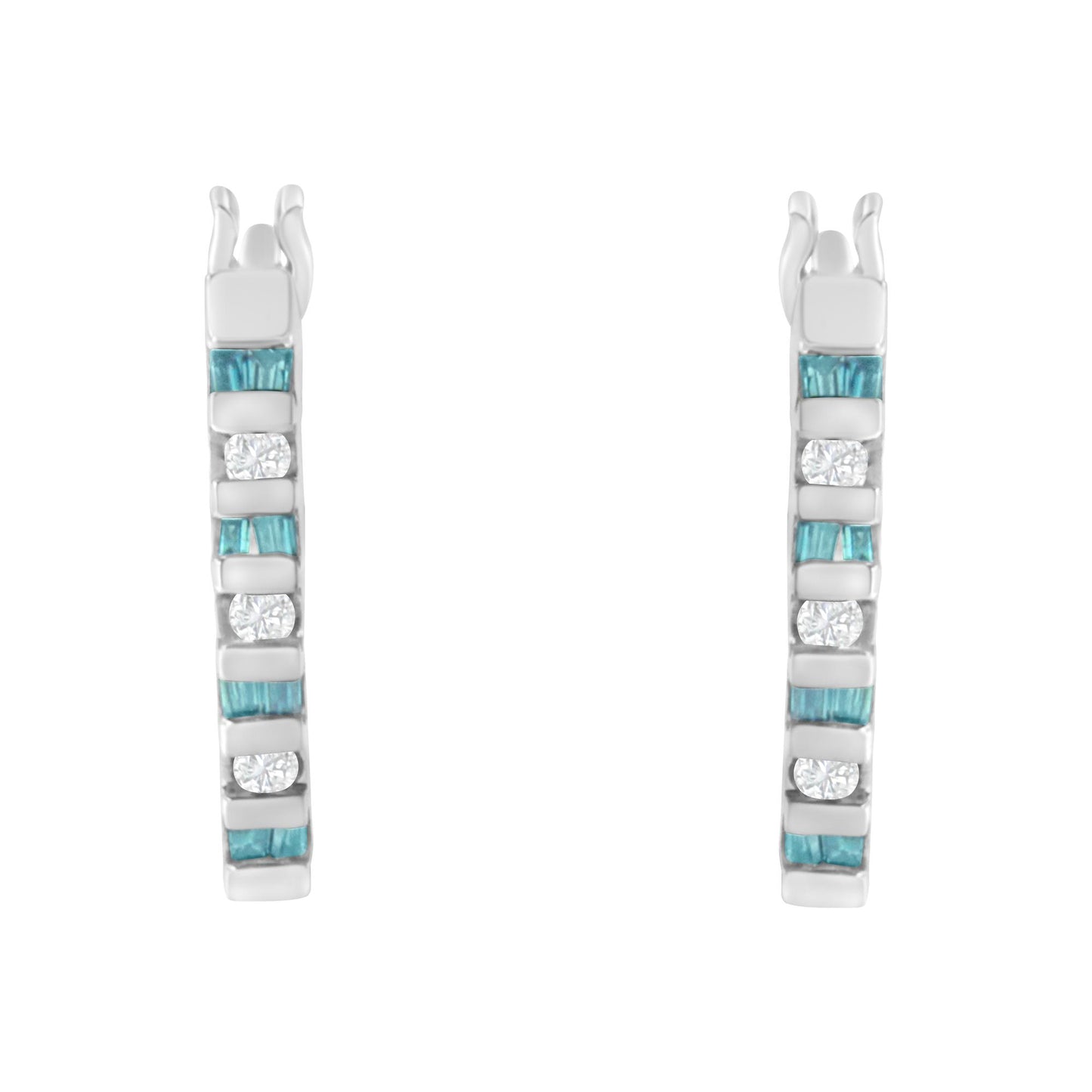 Front view of a pair of white metal earrings with alternating channel-set white round and blue baguette gemstones in a vertical arrangement.