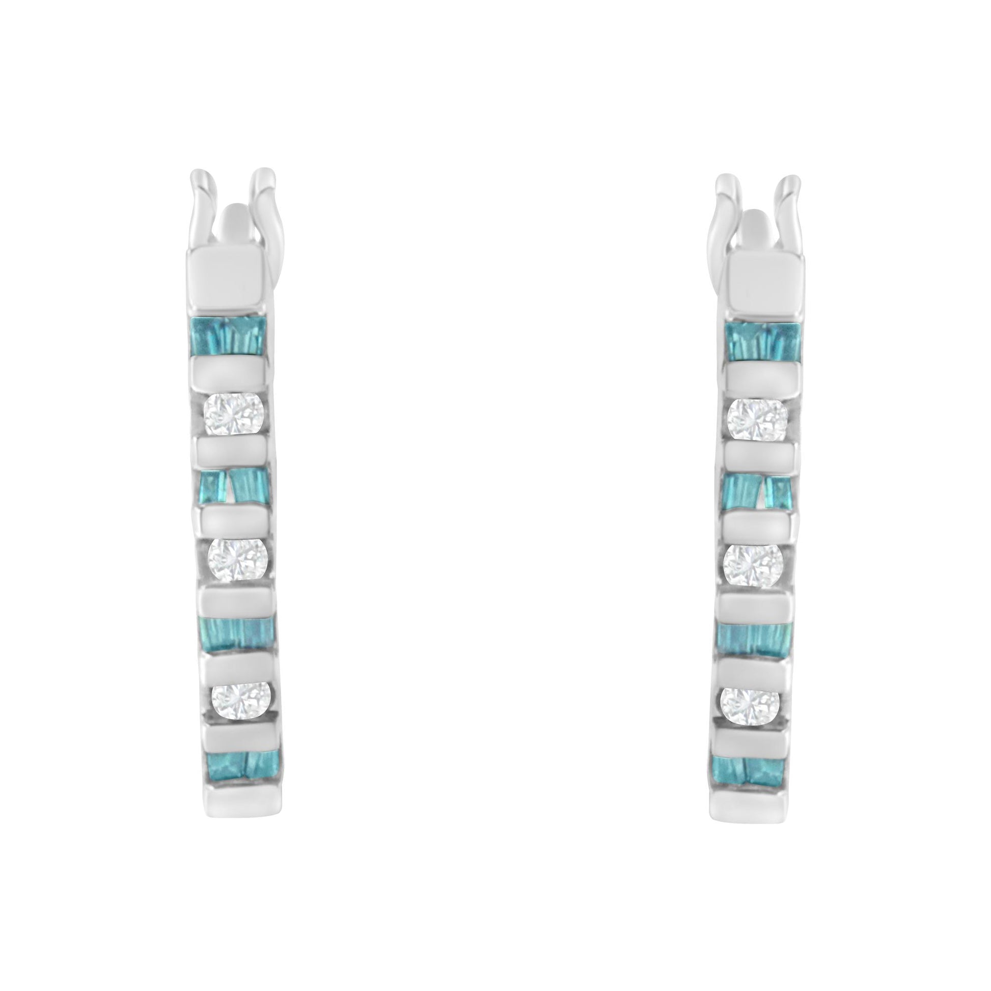 Front view of a pair of white metal earrings with alternating channel-set white round and blue baguette gemstones in a vertical arrangement.