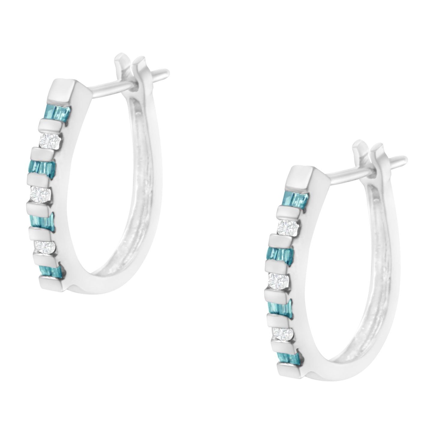 Front angled view of white metal hoop earrings featuring channel-set round white gemstones alternating with channel-set baguette blue gemstones.