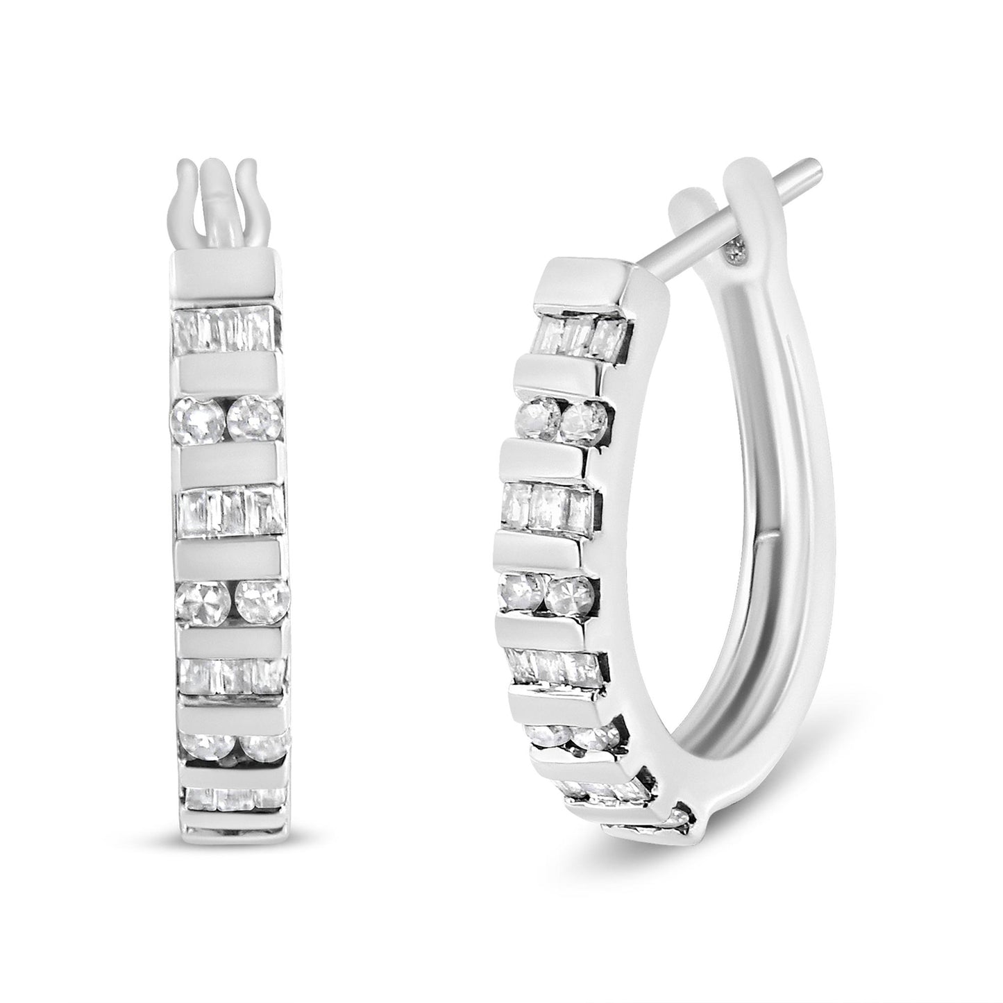 Close-up front and side angled view of white metal hoop earrings with channel-set round and baguette shaped white gemstones.