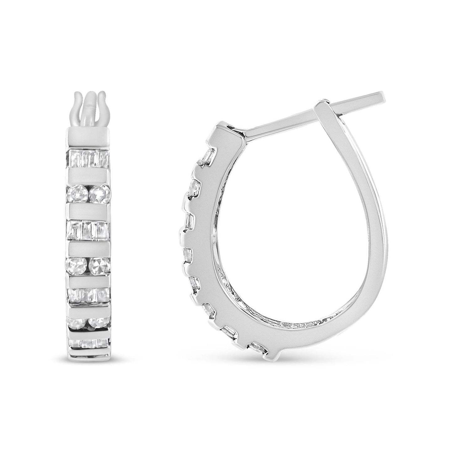 Front and side view of white metal earrings with alternating round and baguette-shaped white gemstones in channel settings, shown against a white background.