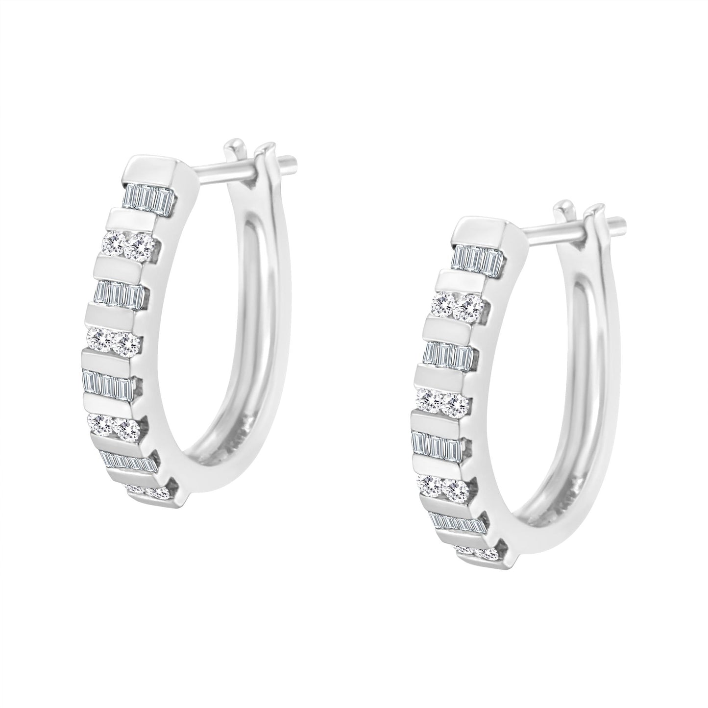 Pair of white metal hoop earrings with alternating round and rectangular white gemstones in channel settings, angled front view.