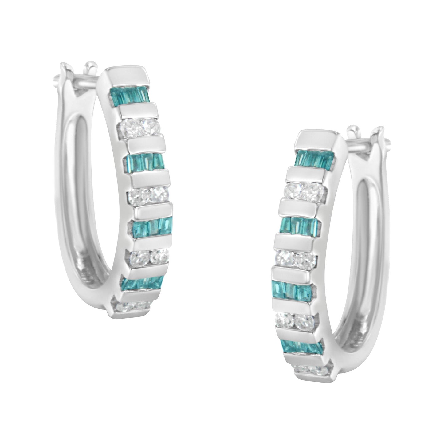Pair of white metal hoop earrings with alternating rows of blue baguette-shaped gemstones and white round-shaped gemstones in channel settings, shown from a front angle.