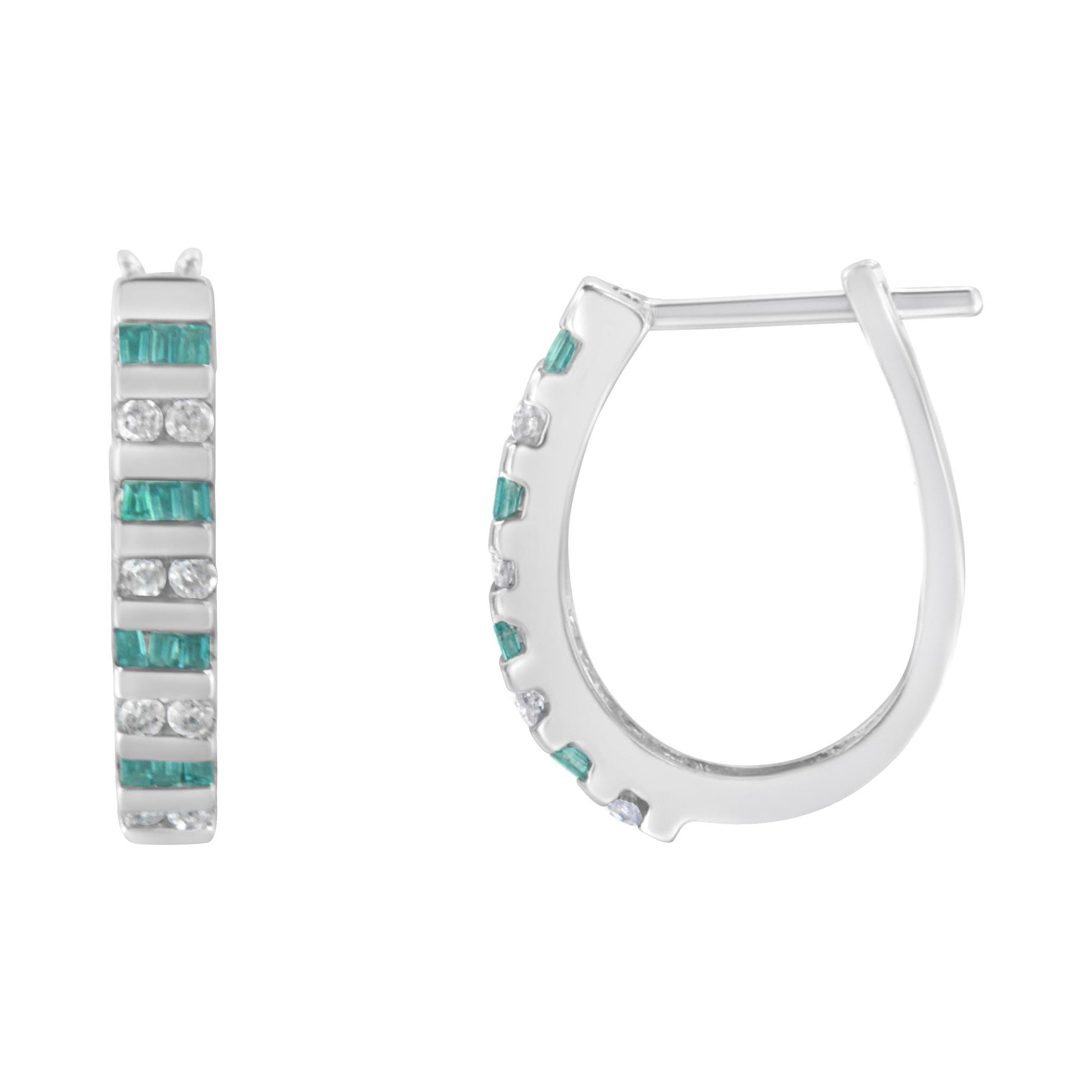 Close-up front and side view of white metal hoop earrings set with alternating rows of round white gemstones and baguette blue gemstones in channel settings.