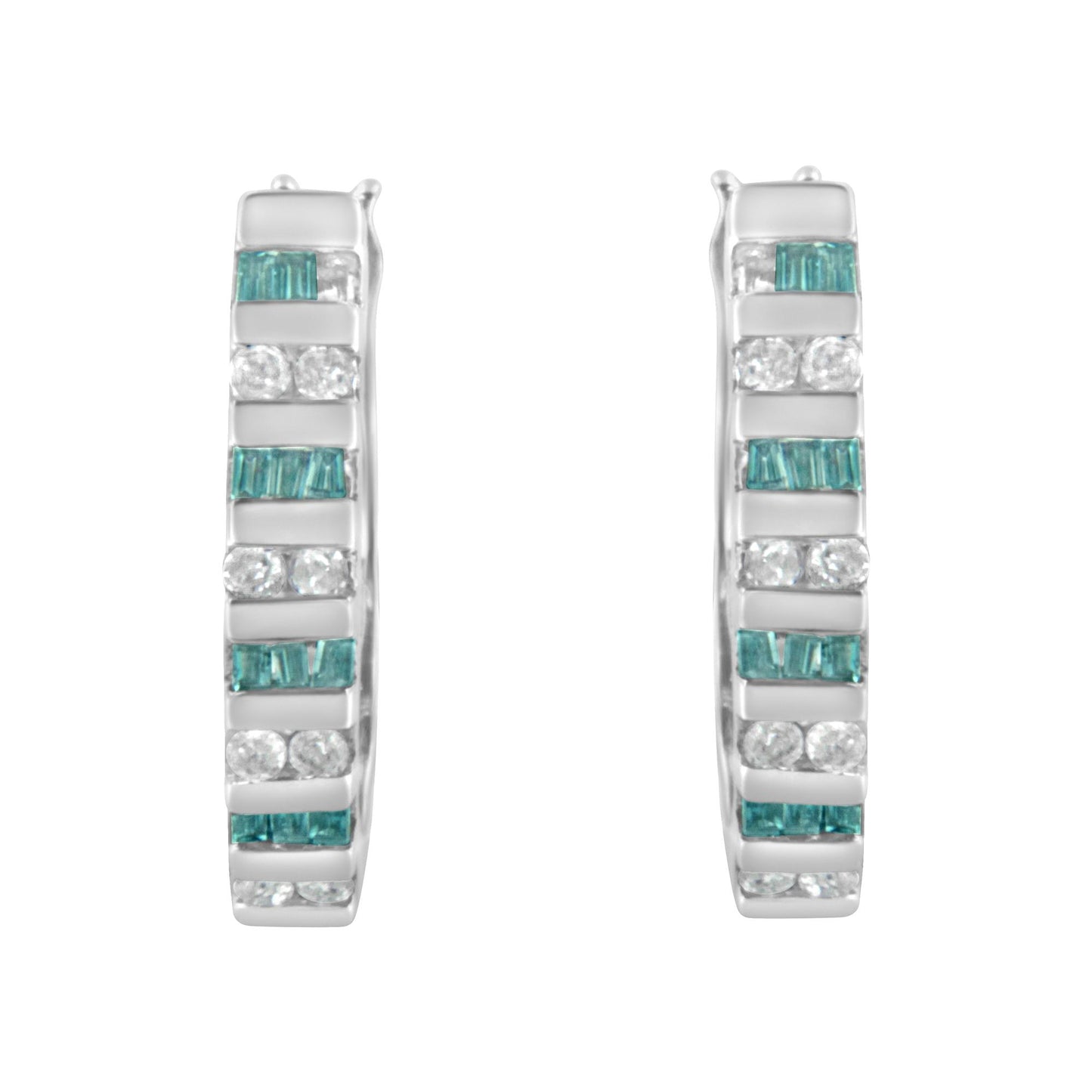Pair of white metal hoop earrings with alternating channels of round white gemstones and baguette blue gemstones, shown from the front angle.