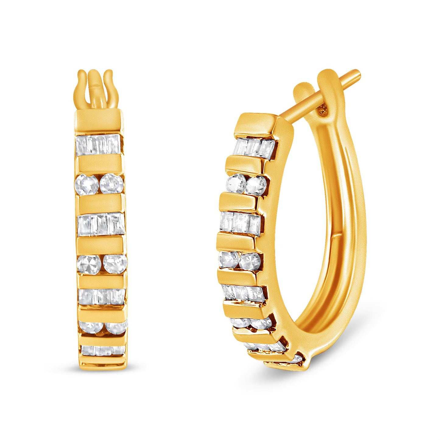 Pair of yellow metal hoop earrings with alternating round and baguette white gemstones in a channel setting, shown from front and angled side views.