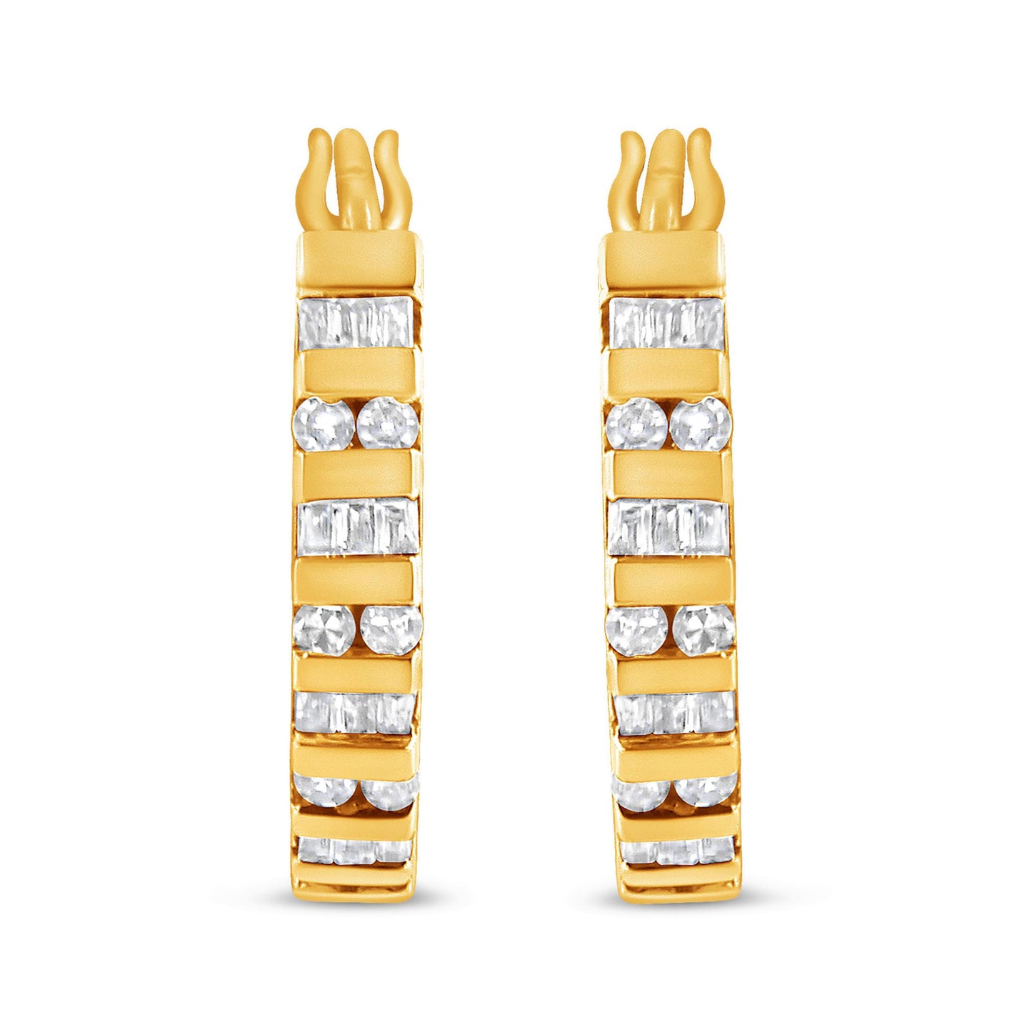 Front view of a pair of yellow metal earrings with alternating rows of round and baguette-shaped white gemstones set in channels.