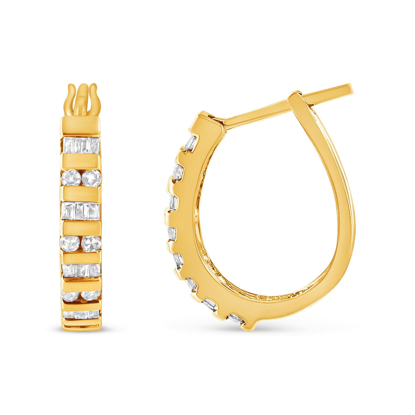 Pair of yellow metal hoop earrings with channel-set white round and baguette-shaped gemstones, shown from front and side angles.