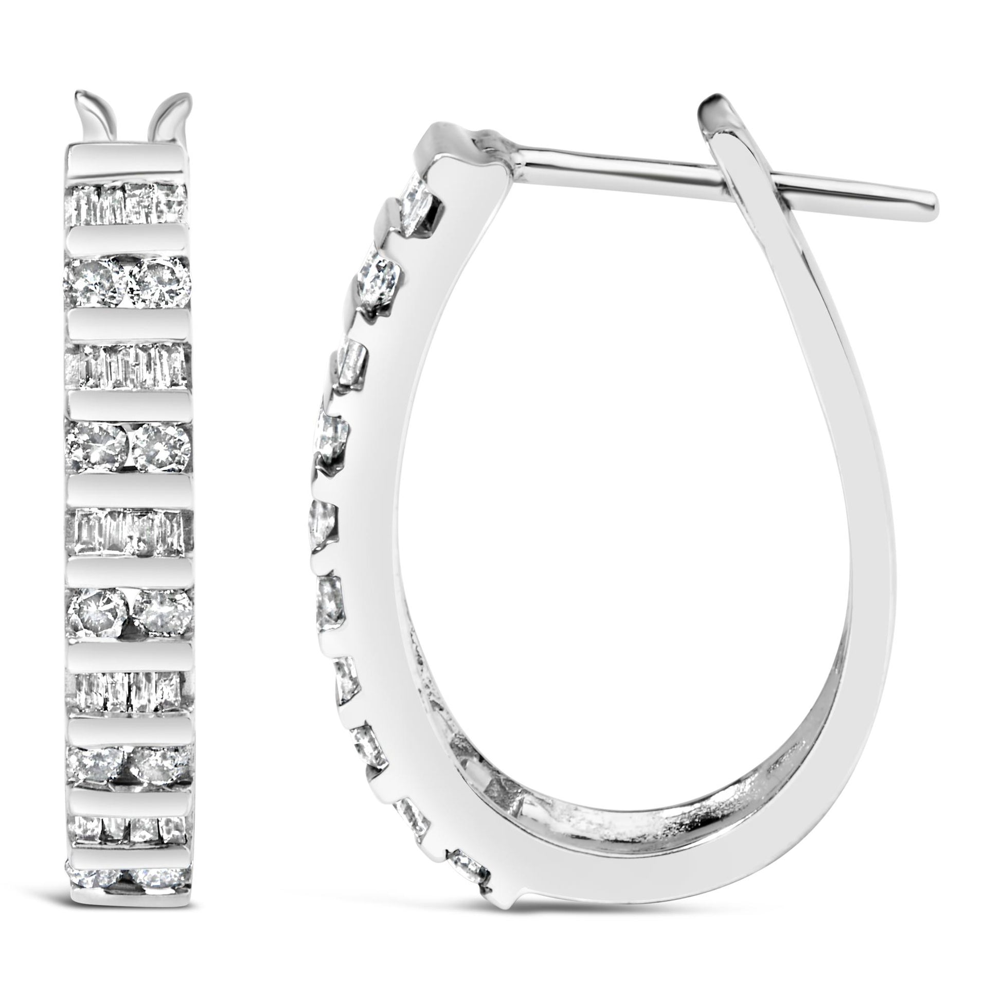 Close-up front and side view of white metal hoop earrings with alternating rows of round and baguette-shaped white gemstones in channel settings.