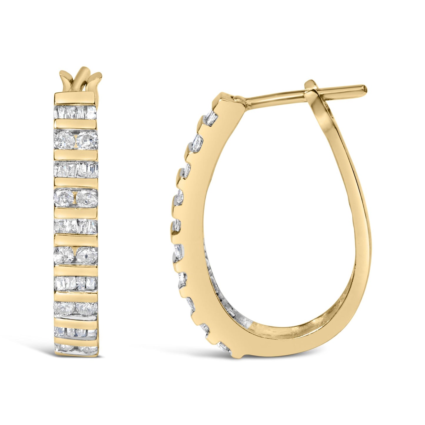 Close-up front and side views of yellow metal earrings with alternating rows of round and baguette-shaped white gemstones in channel settings.