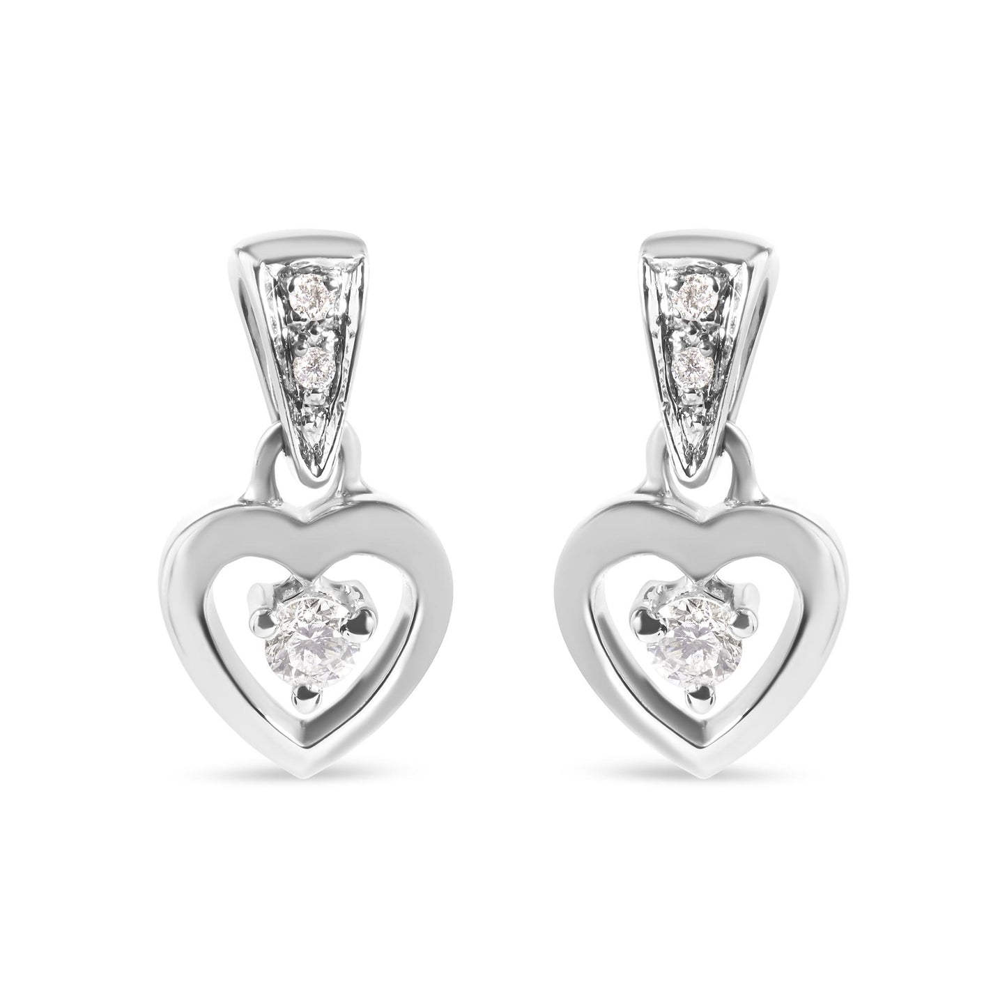 Front view of white metal heart-shaped earrings with prong-set round white gemstones, shown as a pair.