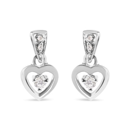 Front view of white metal heart-shaped earrings with prong-set round white gemstones, shown as a pair.