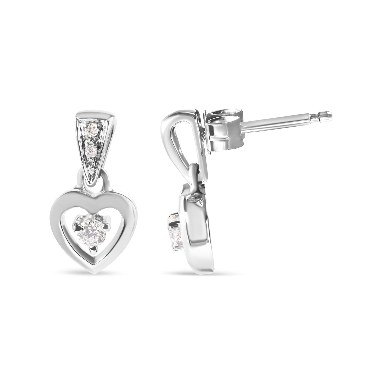 Front and side view of white metal heart-shaped earrings with round white gemstones in prong settings.