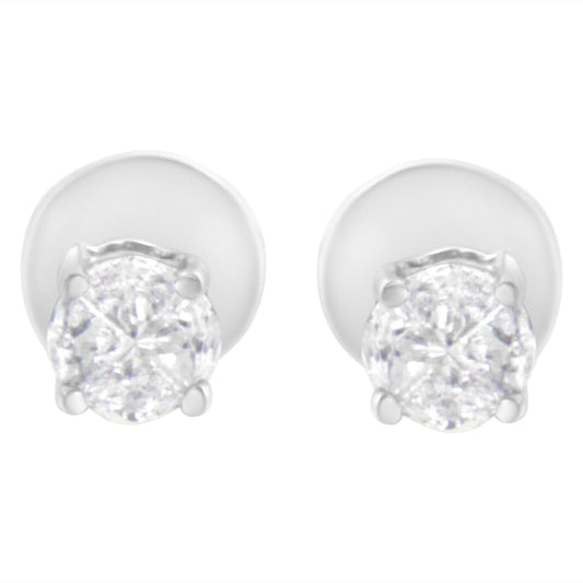 Front angle view of white metal stud earrings with round white gemstones in prong settings.