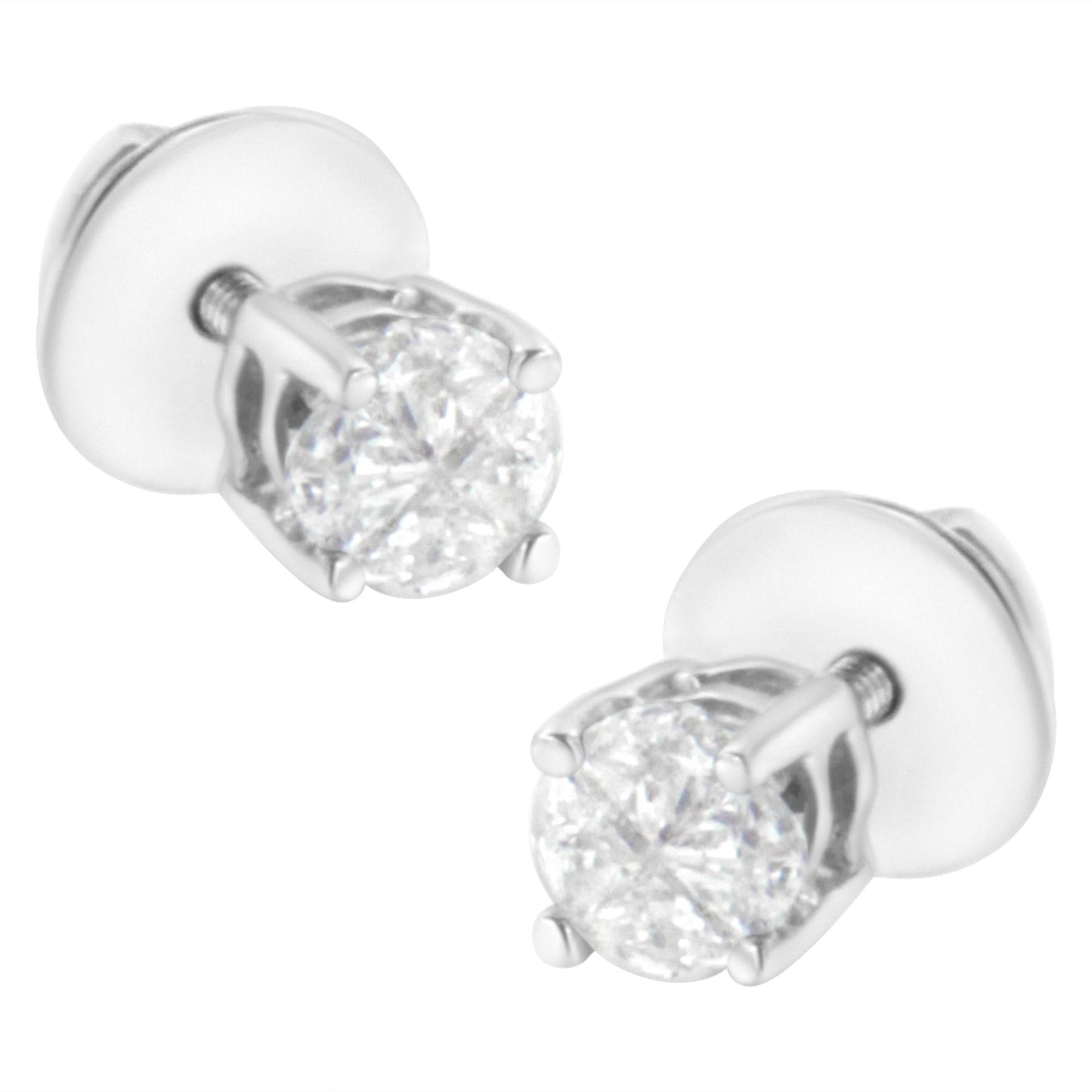 Pair of white metal stud earrings with round white gemstones in prong settings, shown at a slight angle.