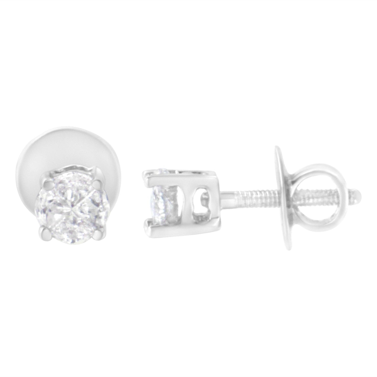 Front and side view of white metal stud earrings with prong-set white pie-shaped gemstones on a white background.
