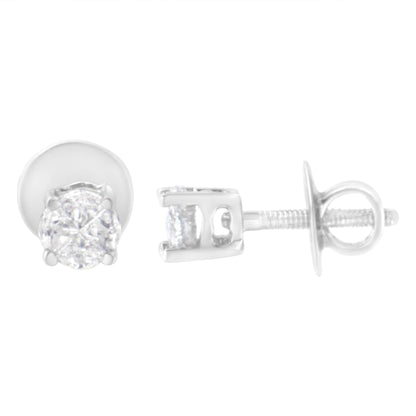 Front and side view of white metal stud earrings with prong-set white pie-shaped gemstones on a white background.