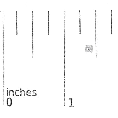 Single white metal princess shape earring with white gemstone in prong setting, shown on a ruler for size reference, front angle.