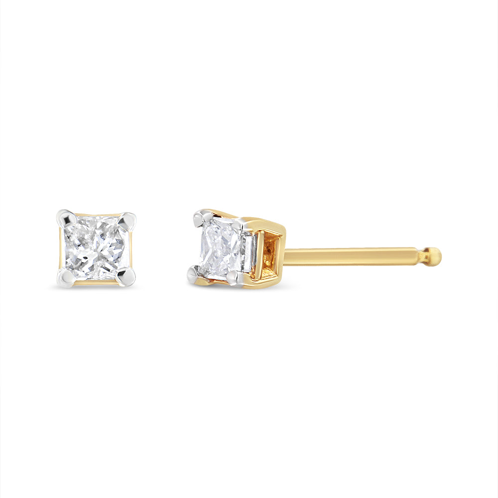 Pair of yellow metal stud earrings with square white gemstones in four-prong settings, shown from front and side angles.