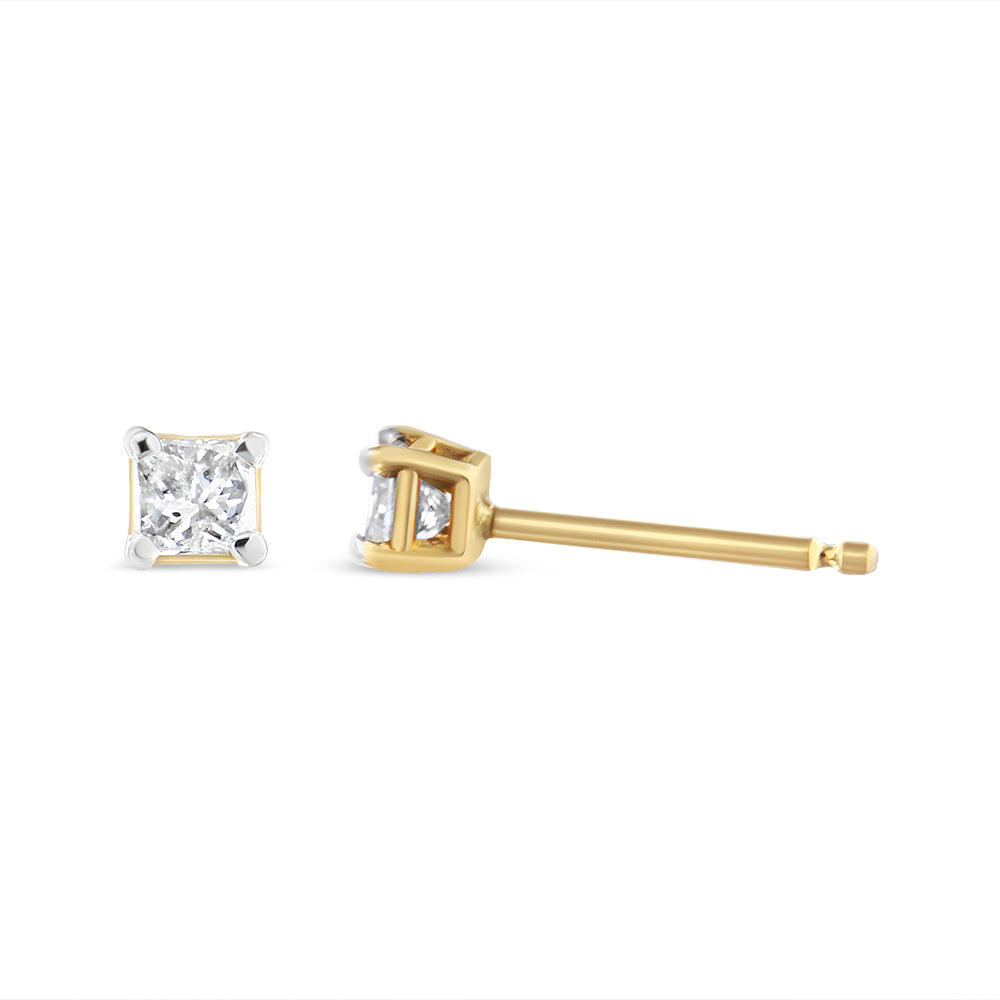 Pair of yellow metal stud earrings with square white gemstones in 4-prong settings, shown from front and side angles on a white background.