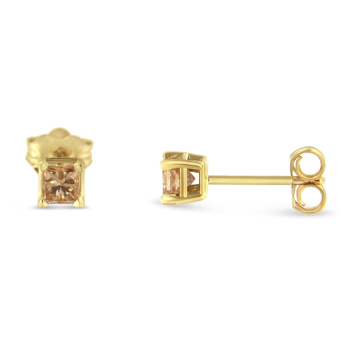 Pair of yellow metal stud earrings with princess-shaped white gemstones in 4-prong settings, shown from front and side angles.