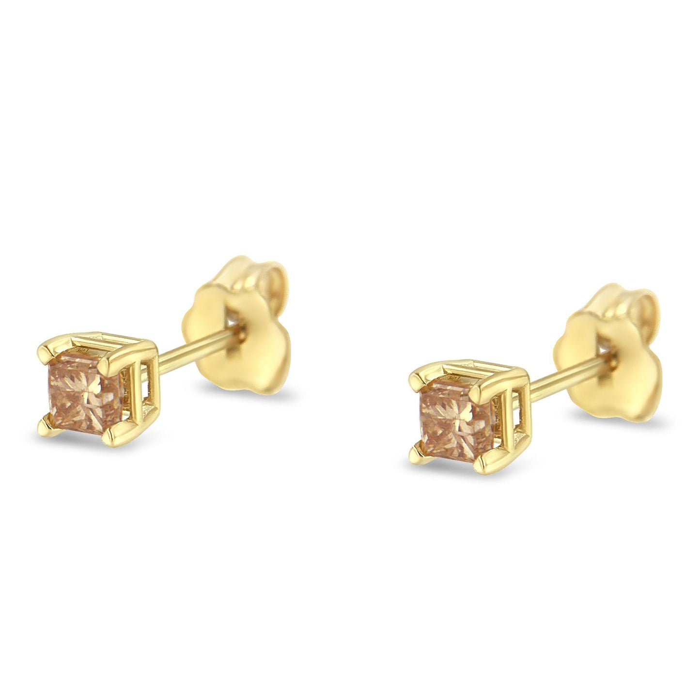 Pair of yellow metal stud earrings with square-shaped red gemstones in four-prong settings, shown from a side angle.