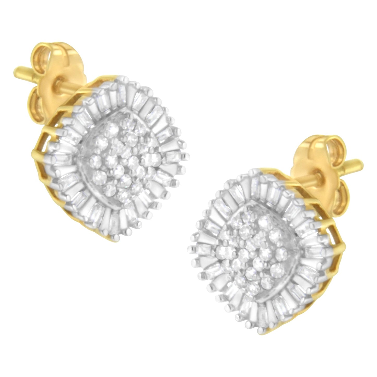 Pair of yellow metal stud earrings with round white gemstones in prong settings clustered in the center, surrounded by white baguette-shaped gemstones in channel settings, shown at a slight angle.