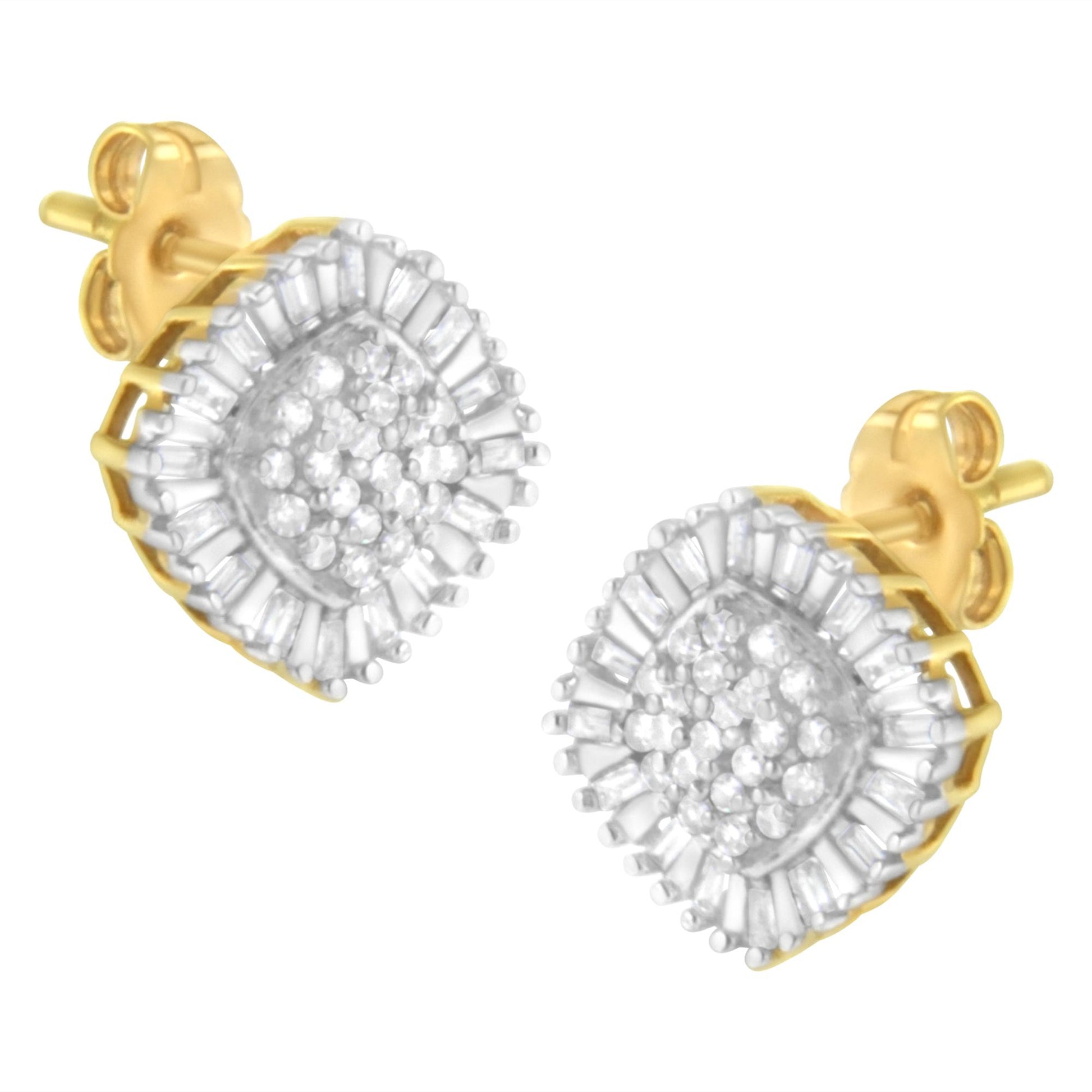 Pair of yellow metal stud earrings with round white gemstones in prong settings clustered in the center, surrounded by white baguette-shaped gemstones in channel settings, shown at a slight angle.