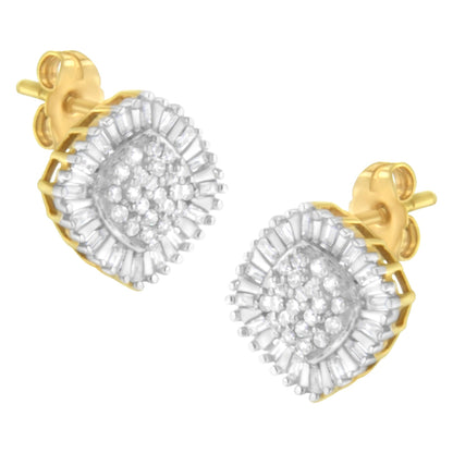 Pair of yellow metal stud earrings with round white gemstones in prong settings clustered in the center, surrounded by white baguette-shaped gemstones in channel settings, shown at a slight angle.