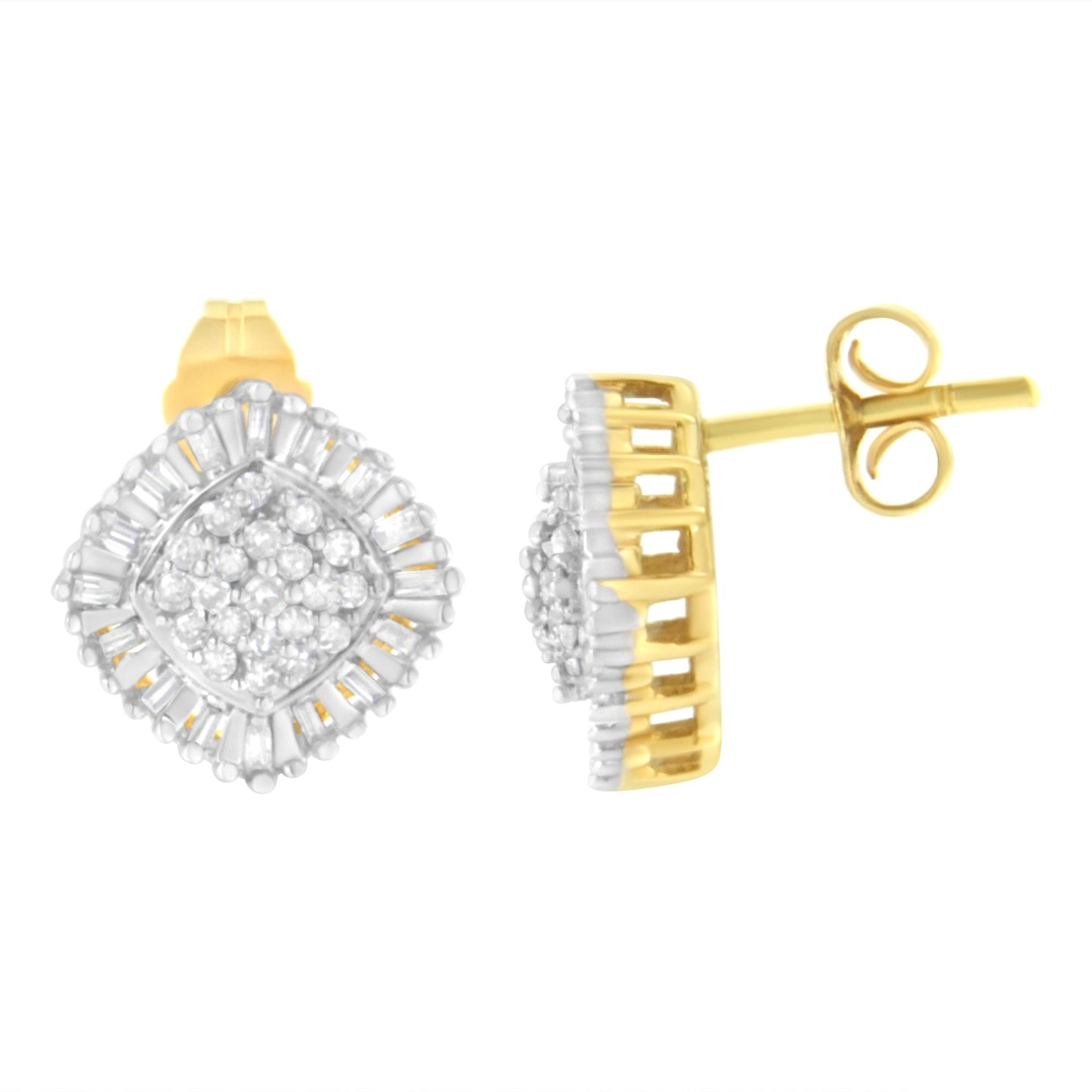 Pair of yellow metal stud earrings with white round and baguette gemstones, front and side views, against white background.