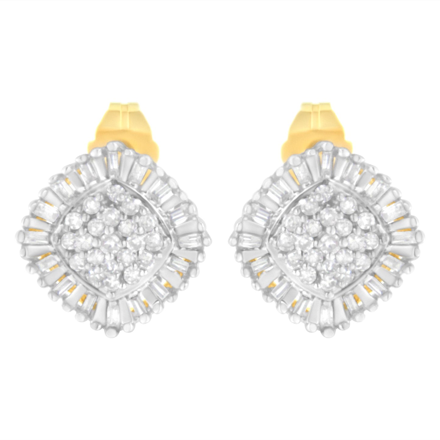 Front-facing shot of a pair of yellow metal earrings featuring a cluster of round white gemstones in prong settings at the center, surrounded by a border of baguette-shaped white gemstones in channel settings.