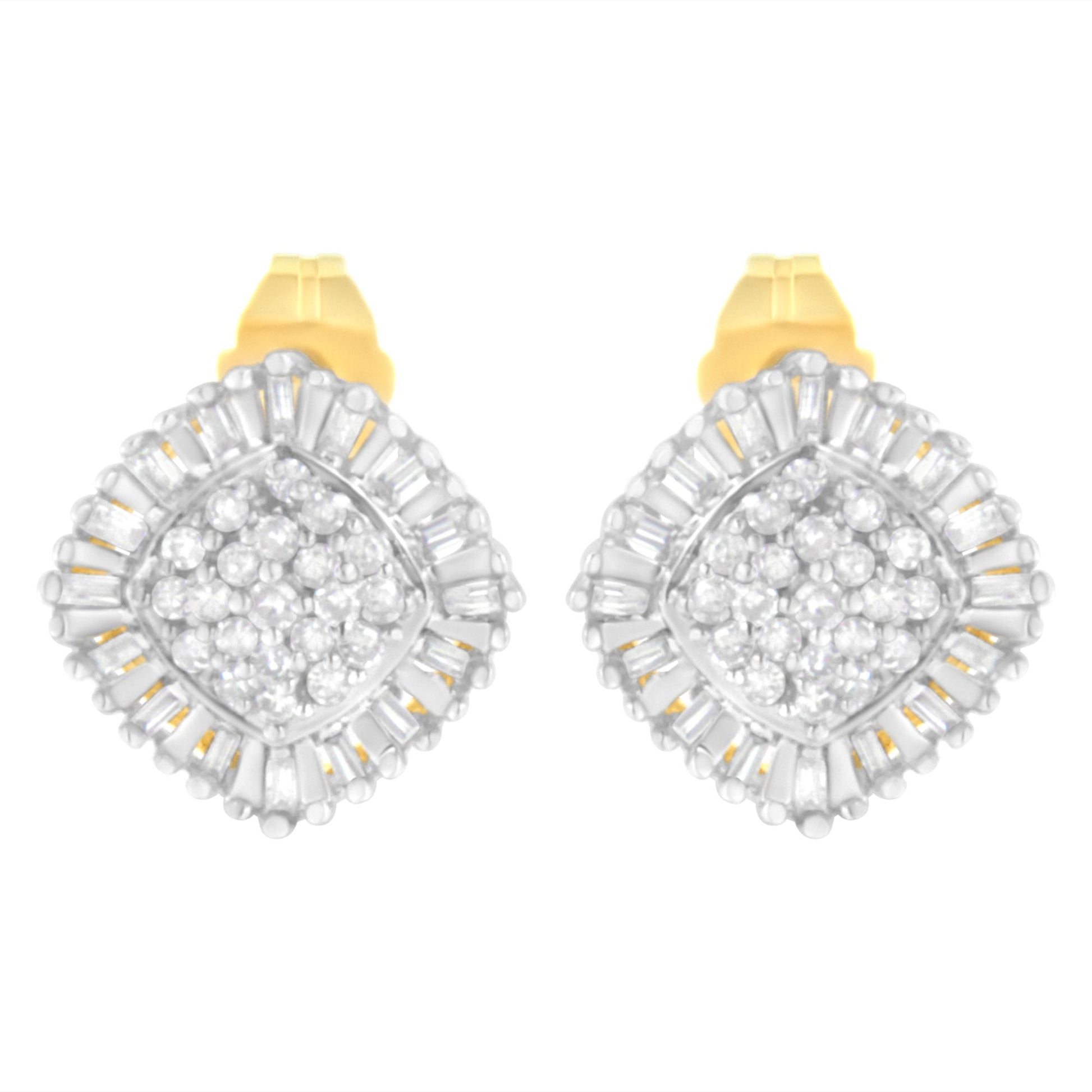 Front-facing shot of a pair of yellow metal earrings featuring a cluster of round white gemstones in prong settings at the center, surrounded by a border of baguette-shaped white gemstones in channel settings.